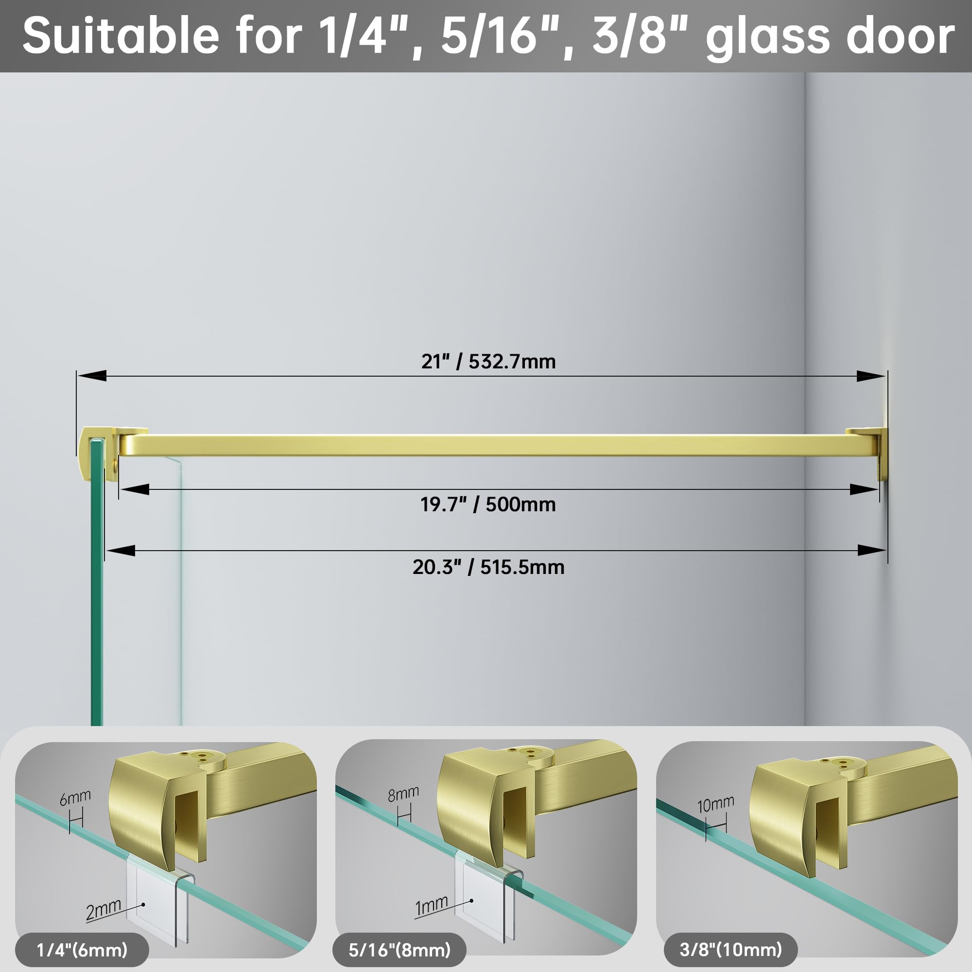 Barra de soporte para puerta de ducha sin marco, brazo de soporte de pared a vidrio de acero inoxidable para panel de vidrio de ducha fijo, para vidrio de 6-10 mm, pivote de 180° y modo plano (oro