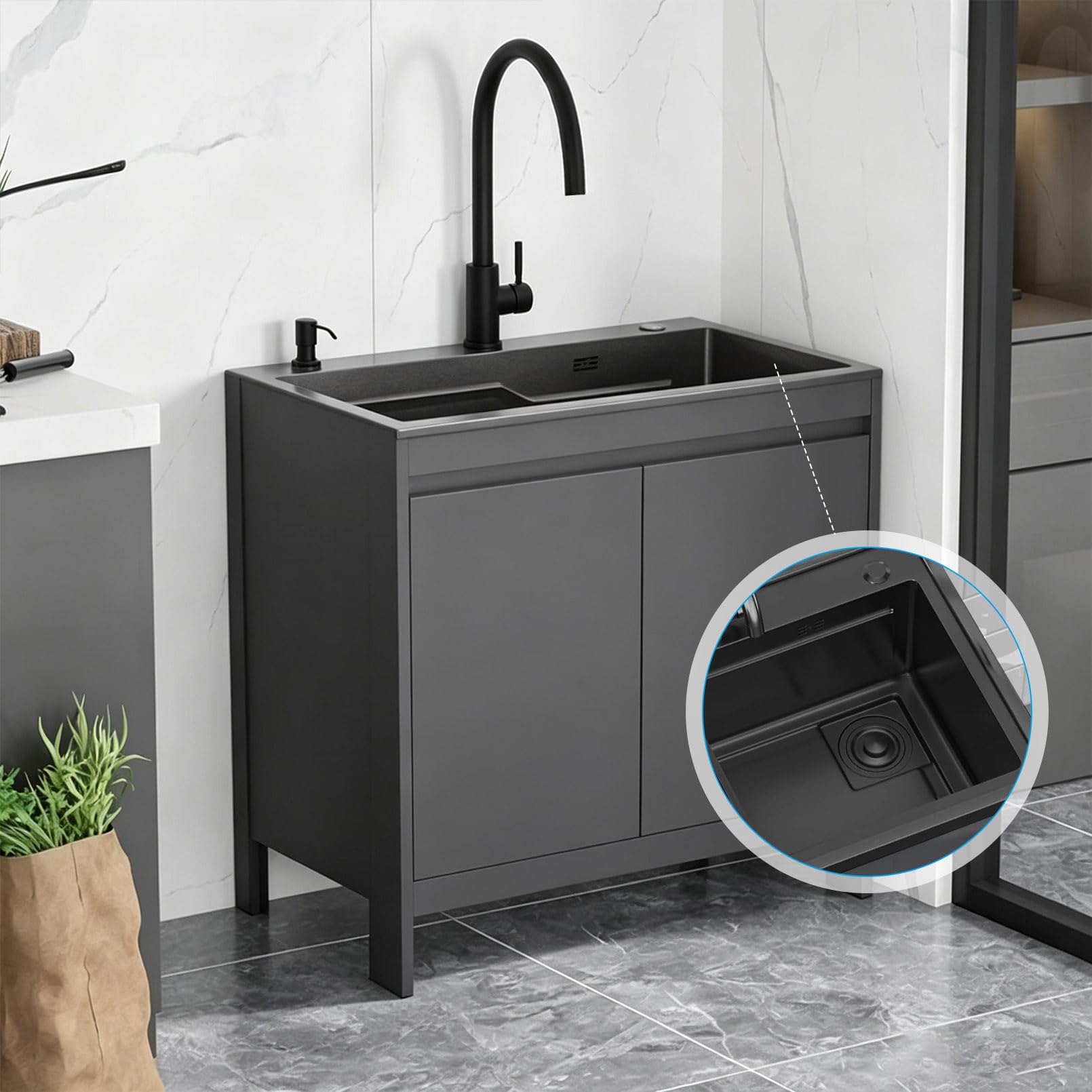 Fregadero Exterior para Jardín y Terraza con Mueble de Aluminio Impermeabile, Fregadero de Una Cubeta de Acero Inox Gris Antracita con Grifo, Dispensador y Tubo de Desagüe 68cm