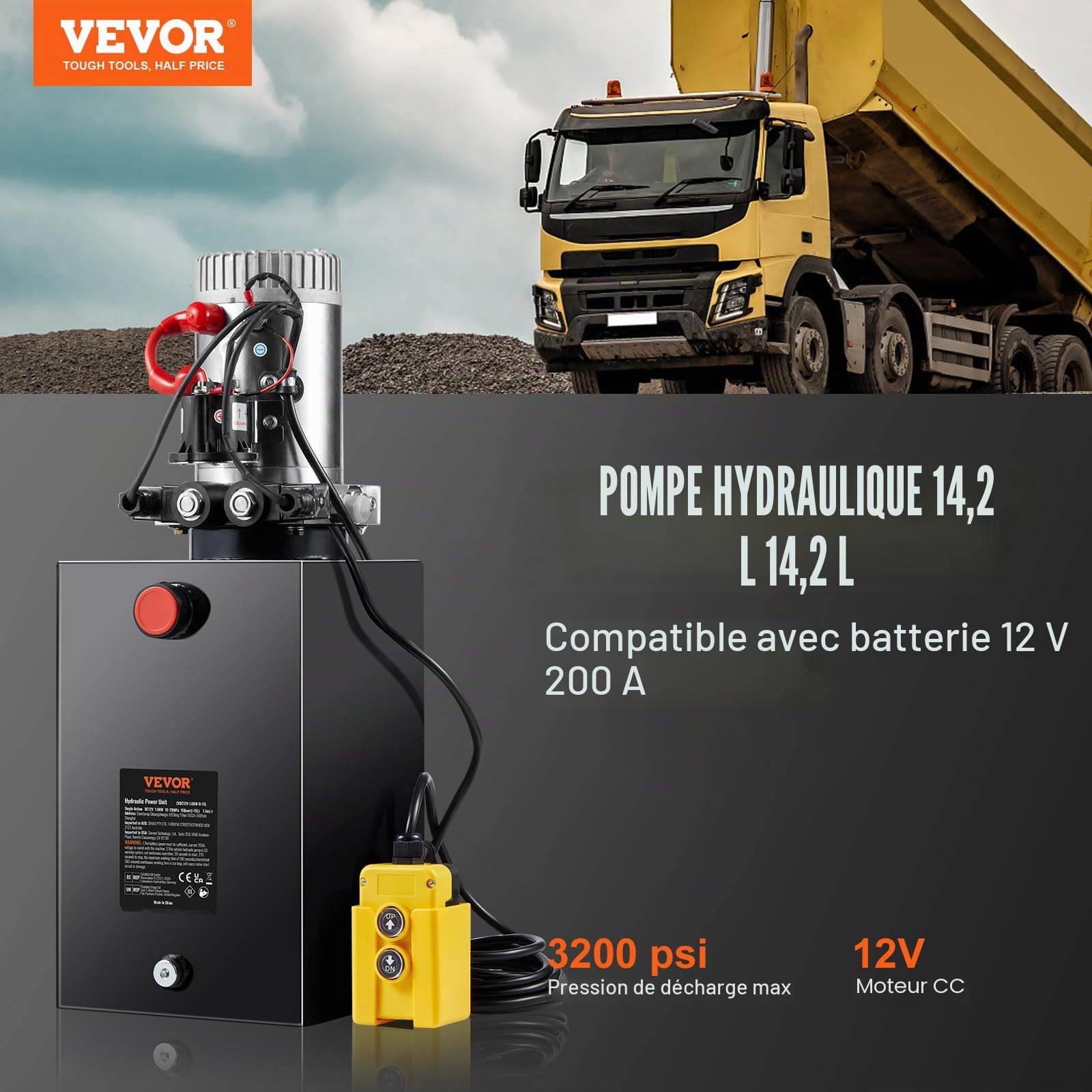 VEVOR Pompe Hydraulique DC 12 V 14 L Groupe Hydraulique Double Effet Débit d'Huile 3,44 L/min Max. Pression de Décharge 22 MPa pour Camion à Benne Basculante Nacelle Élévatrice Remorque Levage Bennage