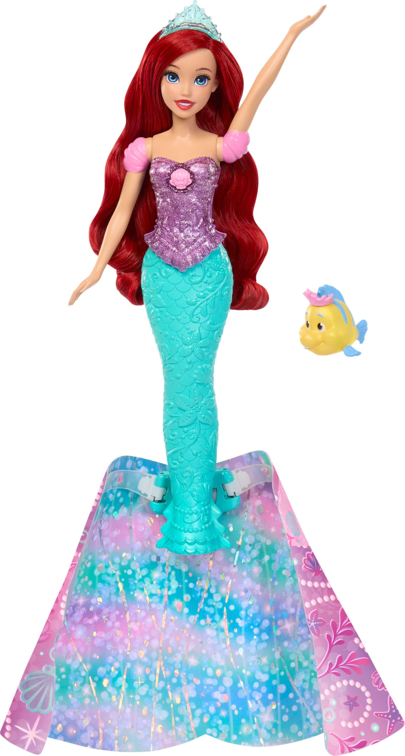 Mattel Disney Princess Ariel Human to Mermaid Transforming Fashion Doll with Flounder Friend Figure & 2 Tiara Accessories, Inspired by Movie, JLK19