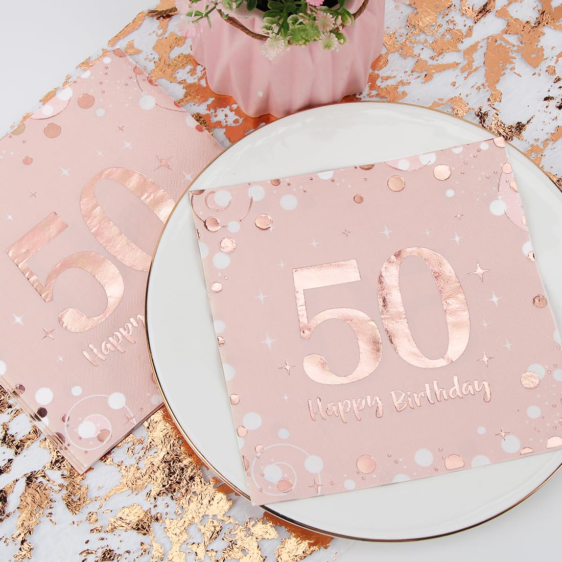 Serwetki na 50. urodziny, 30 sztuk różowych serwetek urodzinowych, Happy Birthday, 50 serwetek, 3-warstwowe Milestone 50, dekoracja stołu, serwetki papierowe dla kobiet, na urodziny, uroczystości