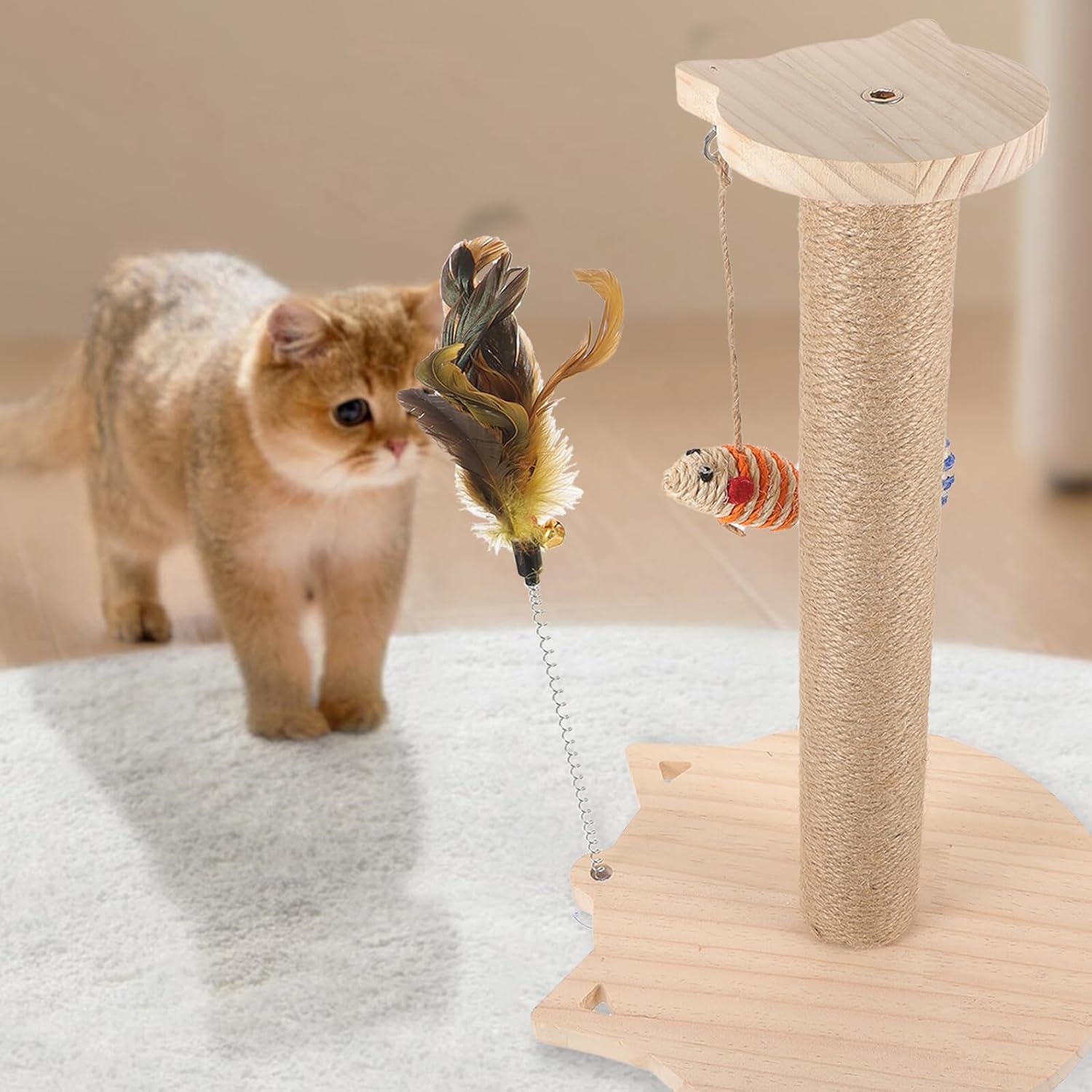 TEHAUX Indoor Cat Scratching Post with Teaser Wear-Resistant Sisal and Solid Wood Cat Claw Scratcher for Household Use for Kittens Random Color