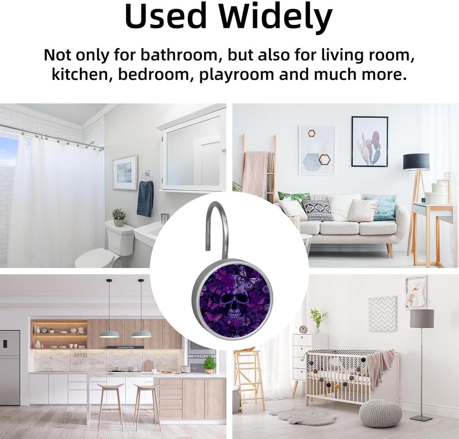 12PCS Skull Purple Butterflies (1) Shower Curtain Hooks Rings for Bathroom, Decorative Shower Curtain Hooks Rods Curtains and Liner