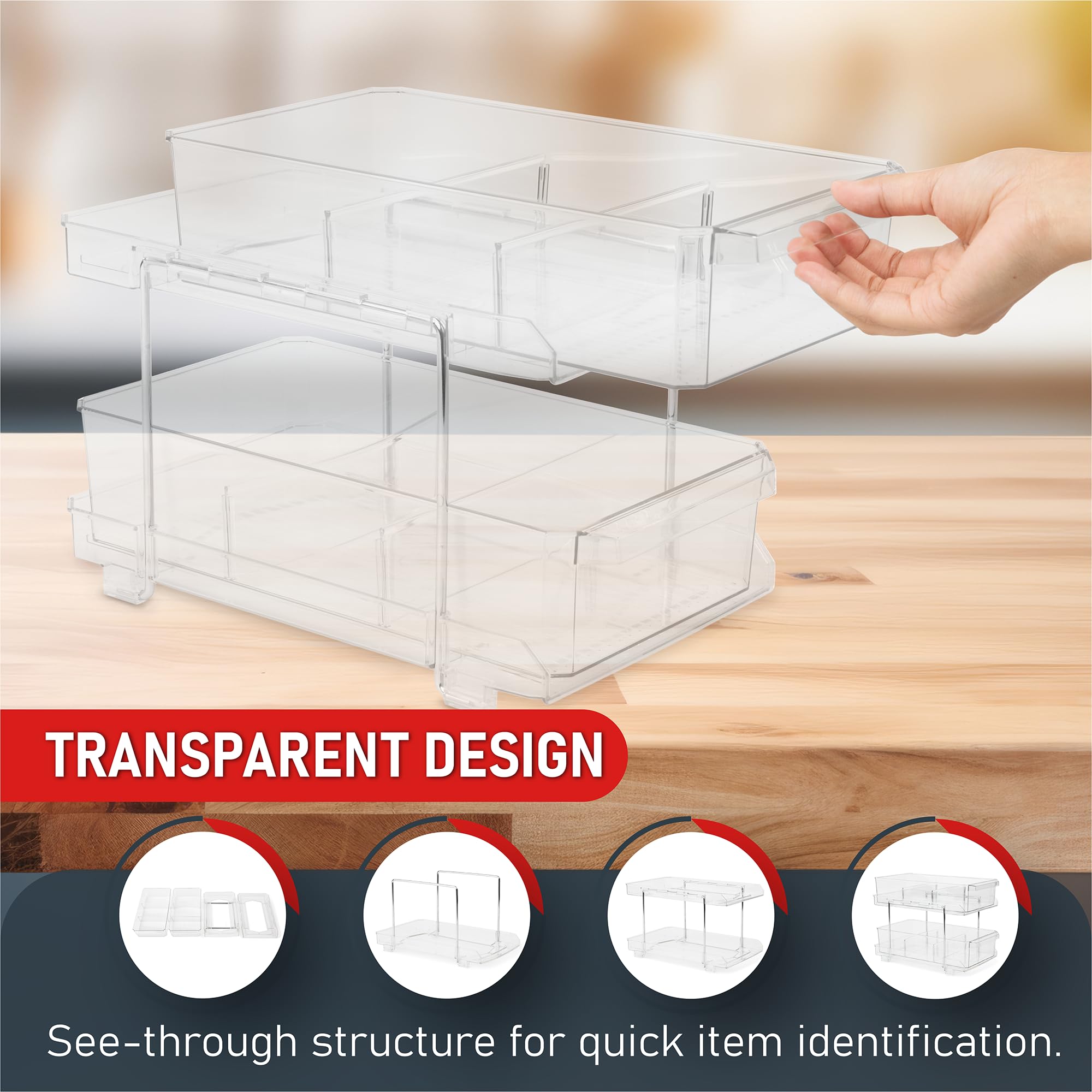 Organizador de cajones extraíble transparente de 2 niveles, organizador de maquillaje y armario elegante, compacto y resistente, solución de almacenamiento de cocina de fácil montaje, ideal 5