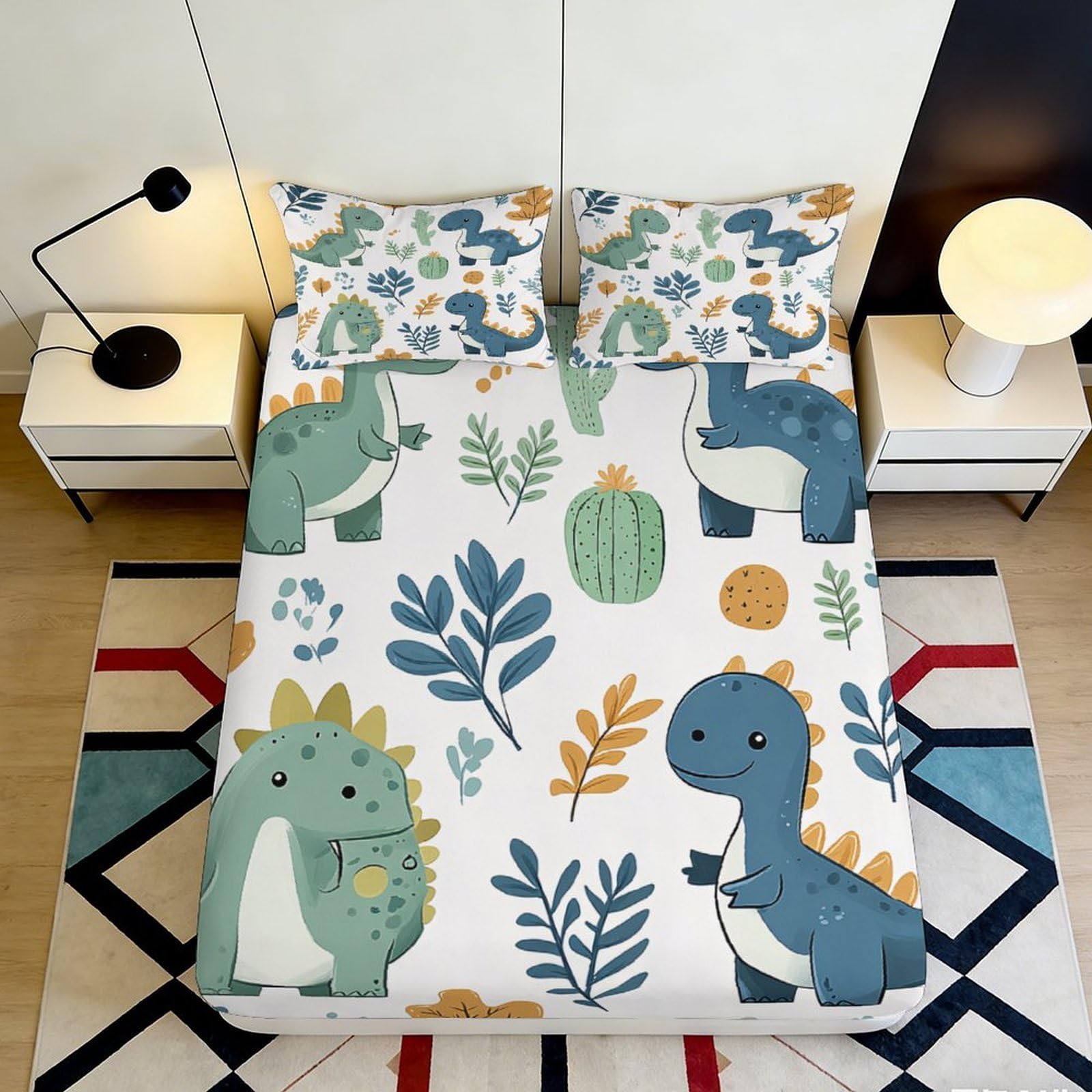 3D Printed Dinosaur Forest Fitted Sheet Microfiber Soft Anti-Slip Bed Cover for Bedroom Guest Room Machine Washable Decor 90x200x25cm