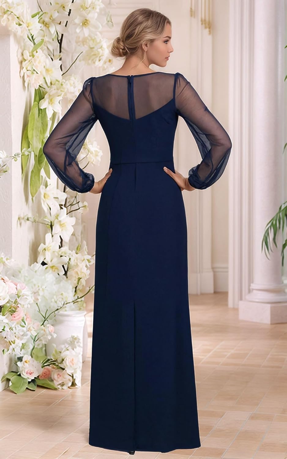 Chiffon Mother of Bride Dresses with Mesh Sleeve Crew Neck Formal Dresses for Wedding Guest Ruched Maxi Evening Dresses