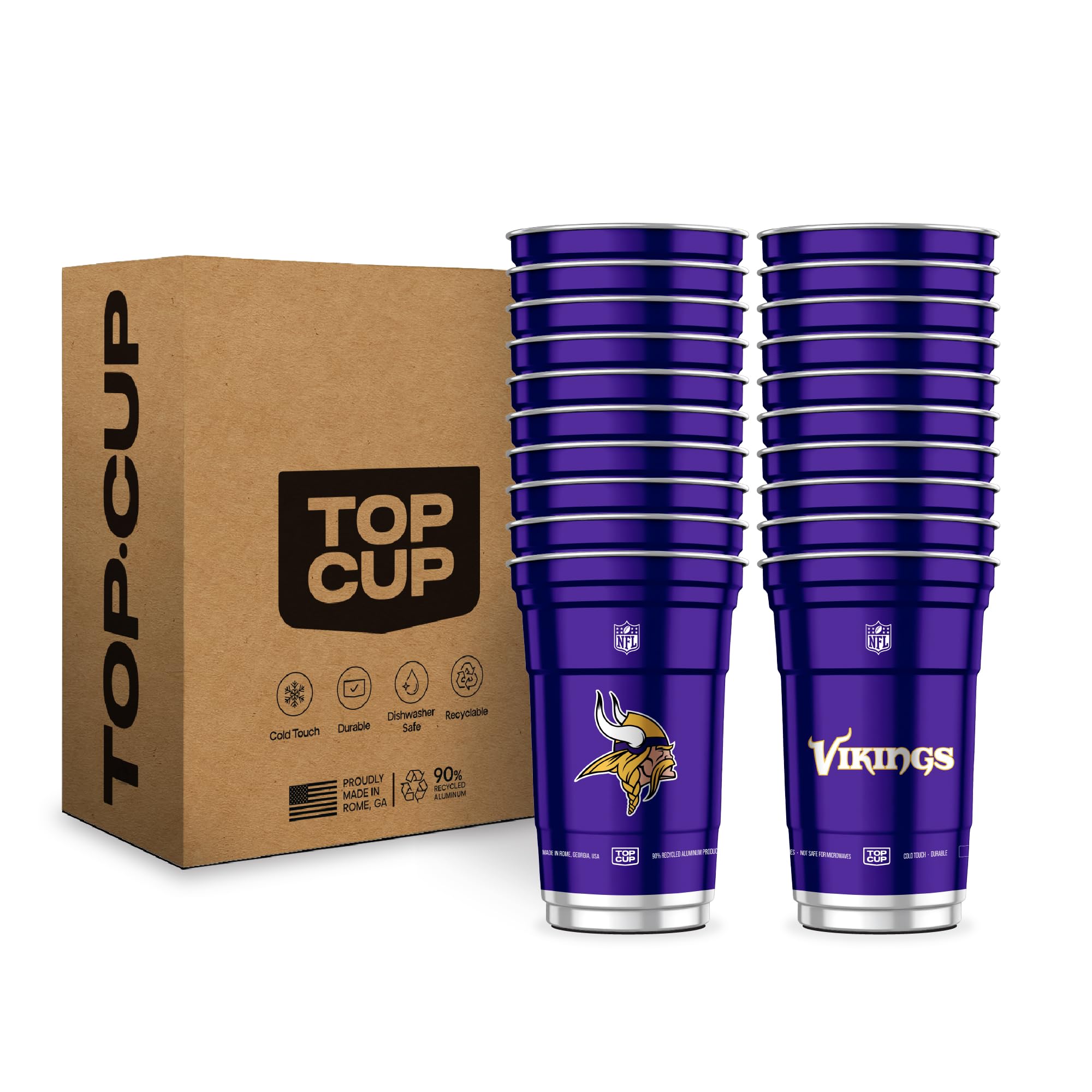Top Cup NFL Minnesota Vikings 20 oz Reusable Aluminum Cups 20 Count | Officially Licensed, Durable, Reusable & Recyclable, Made in USA