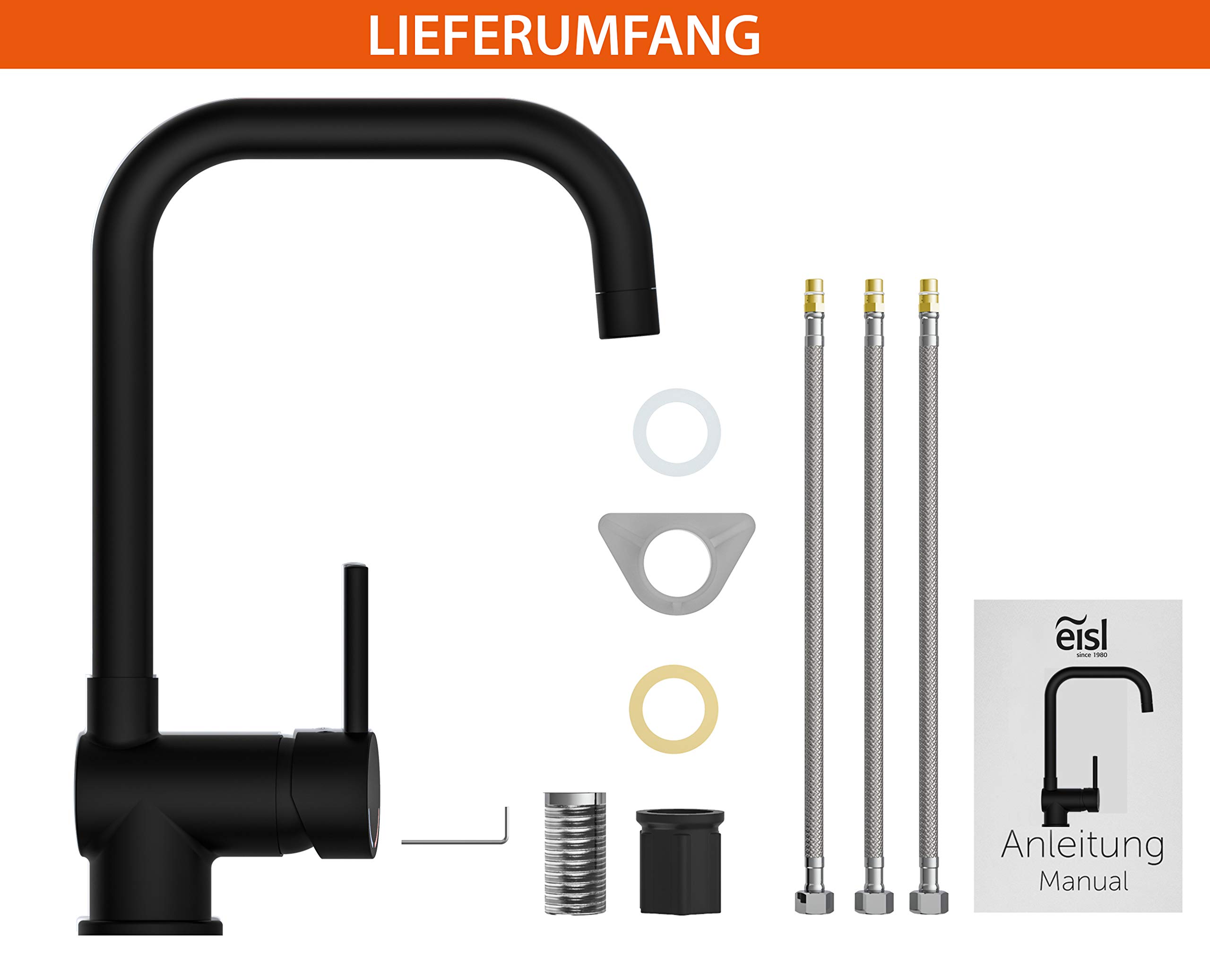 EISL FUTURA Spültischarmatur, Niederdruck Armatur Küche, energiesparende Küchenarmatur, Wasserhahn Küche 360° schwenkbar, Einhebelmischer Schwarz matt, NI182GABL-LP