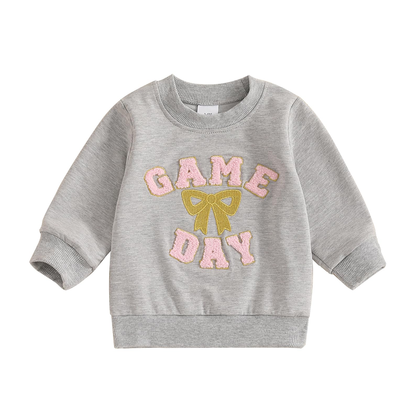 Lamuusaa Toddler Baby Girl Football Outfit Game Day Embroidery Sweatshirt Bow Print Pullover Shirts Fall Clothes 1-5T (Grey, 18-24 Months)
