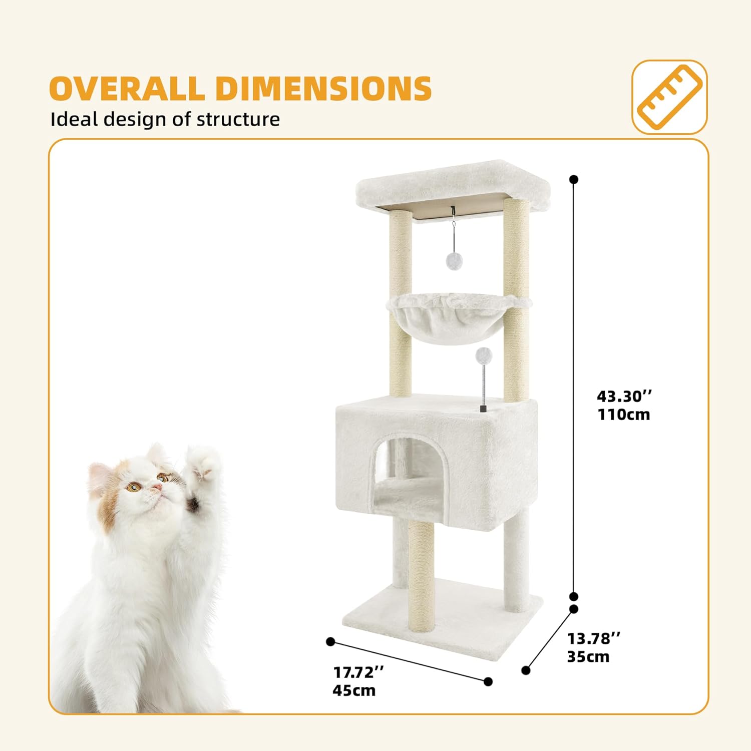 Fashion Design 43.3″ Cat Trees with Cat Houses Spring Balls,Beige Fashion Design 43.3″ Cat Trees with Cat Houses Spring Balls,Beige