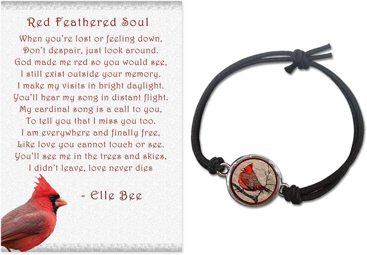 and Spirit Lala Cardinal Reversible Size Small - Medium Stretch Bracelet with Backside Our Love Never Dies with Red Feathered Soul Poem Card, Gift Box Grief Sympathy Gift