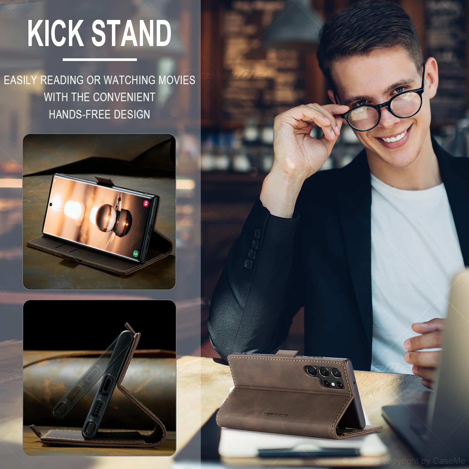 Azororo Cover per Samsung Galaxy S22 Ultra 5G, Premium PU Pelle Custodia, Magnetica Carta Fessura Portafoglio Case, Flip Cavalletto Custodia per Samsung Galaxy S22 Ultra - Caffè