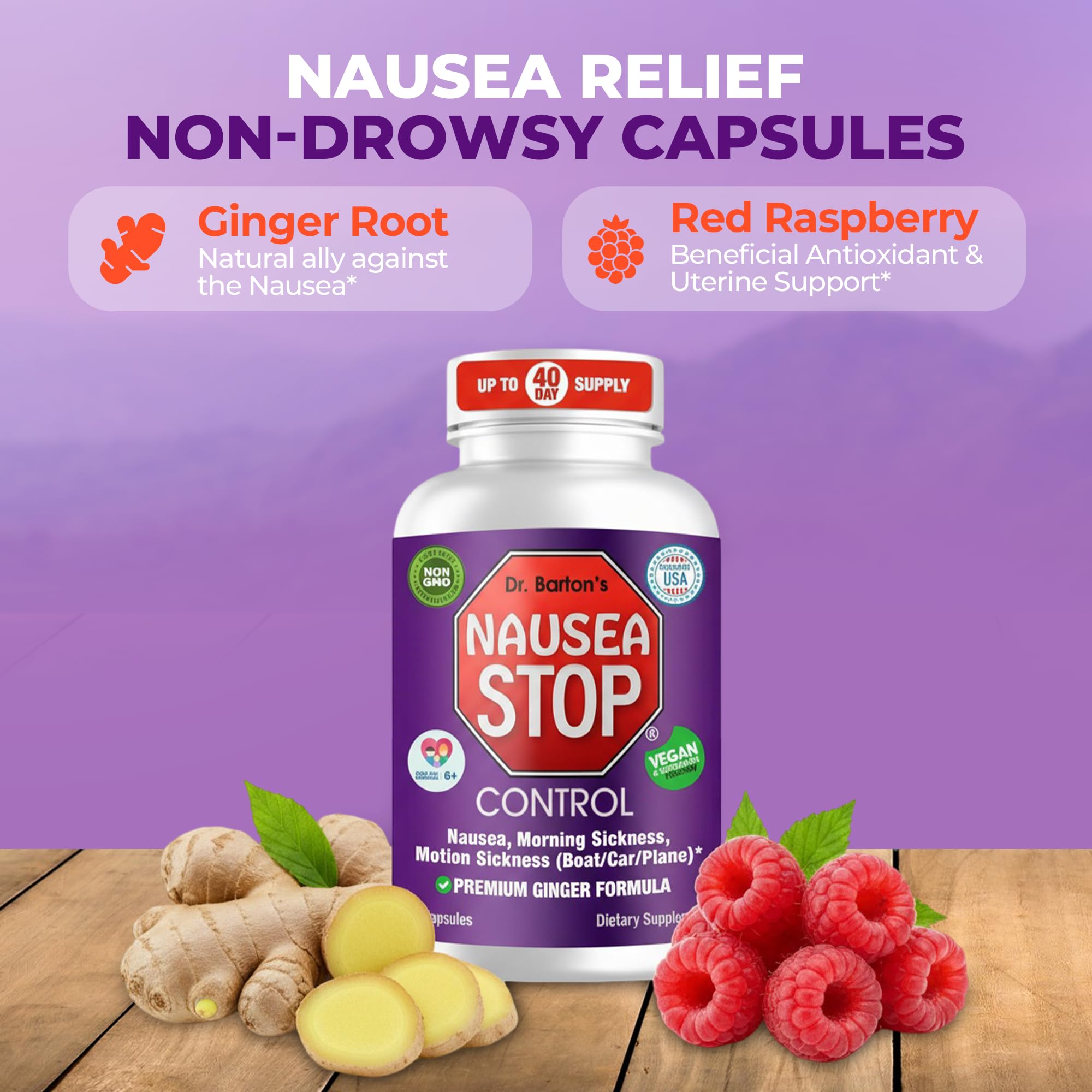 Dr. Barton’s Nausea Stop - Natural Ginger, Non-Drowsy Nausea Relief Pills for Adults & Kids, Anti Nausea, Upset Stomach, Morning Sickness & Pregnancy Nausea - Travel Essentials - 80 Capsules (1 Pack) — Amazon image 3