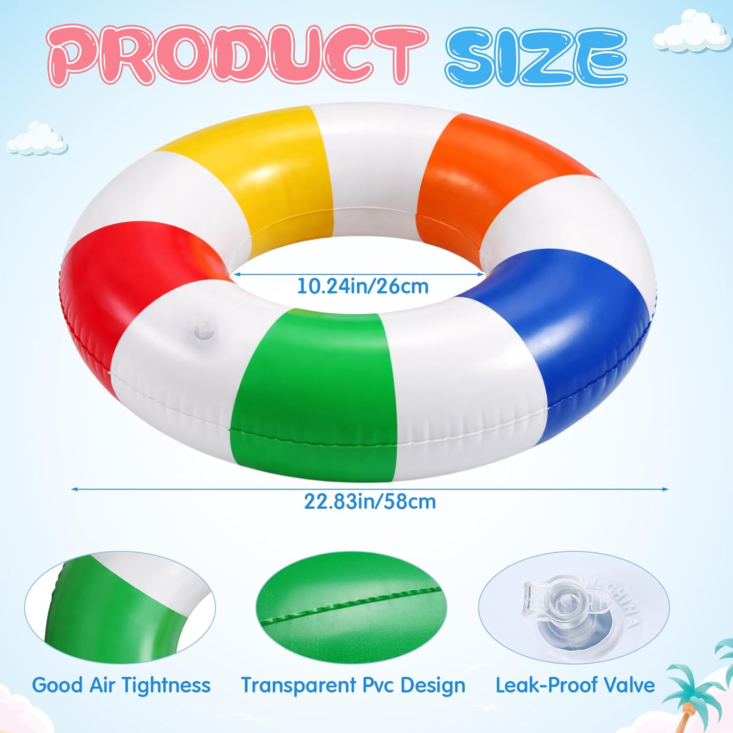 Ceenna 8-Pack Inflatable Beach Balls and Swim Rings, 16 Inch Round Pool PVC Toys with White Stripes for Summer Water Games, Beach Party Decorations