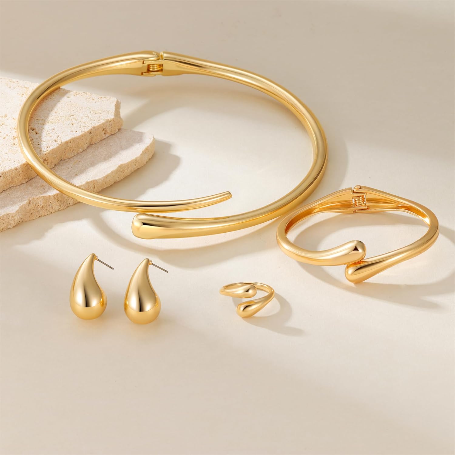 JEWELON 4 Pcs Statement Jewelry Set for Women – 18K Gold Plated Teardrop Necklace, Gold Drop Earrings, Bold Rings & Cuff Bracelets, Elegant Jewelry Gifts for Women - Image 6