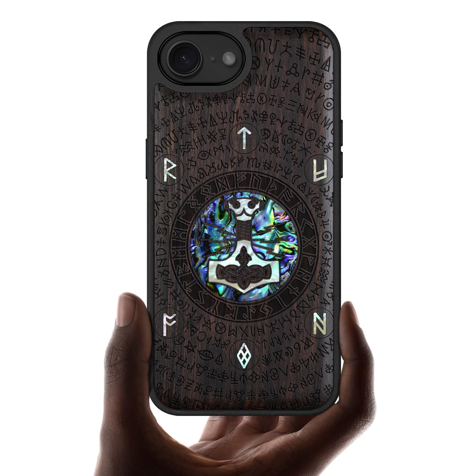 Carveit Magnetic Wooden Case for iPhone 16e, Wood Artisan Engraved & Handmade Shell Inlaid, TPU Shockproof Cove, Compatible with MagSafe Wireless