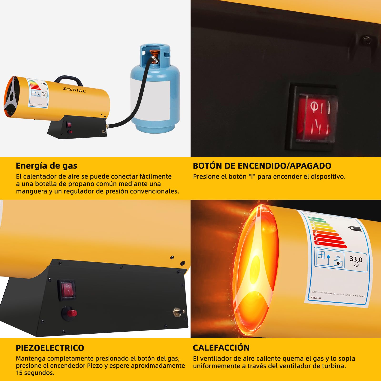 SIAL Calentador de Gas Portátil 33KW Alta Eficiencia, Protección contra Sobrecarga/Apagado, para Invernadero/Ganadería/Industrial, Interruptor Mecánico