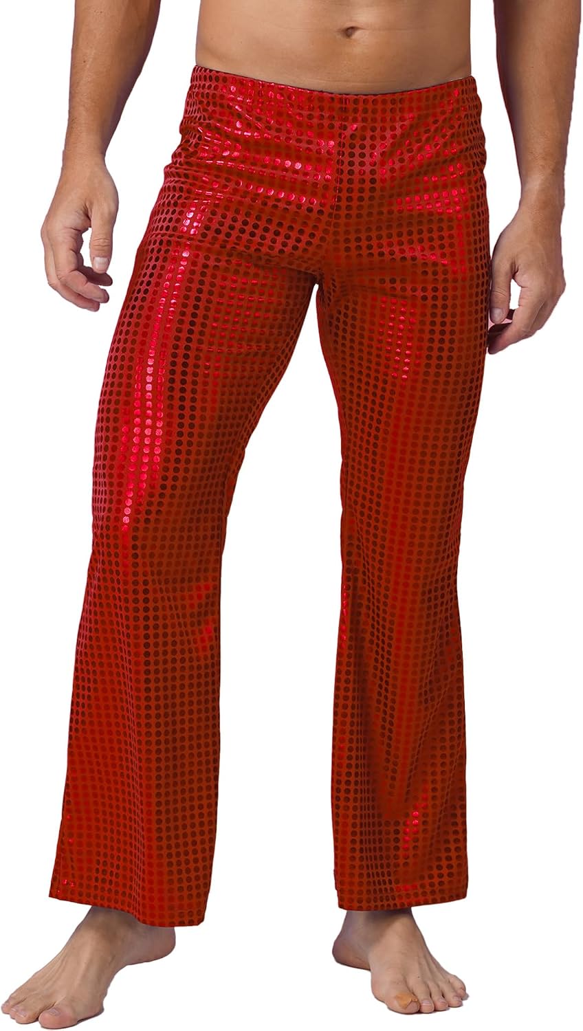 YiZYiF Mens Sparkly Sequins Dance Pants Wide Leg Bell Bottoms Flared Trousers Hip Hop Jazz Disco Pants