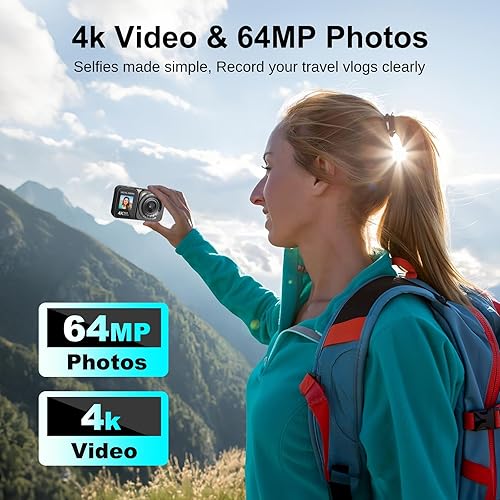 Miniatura 2 de Cámara digital, cámara de pantalla dual 4K 64MP, zoom de 18X, cámara digital de apuntar y disparar con tarjeta TF de 64 GB y 2 baterías, cámara