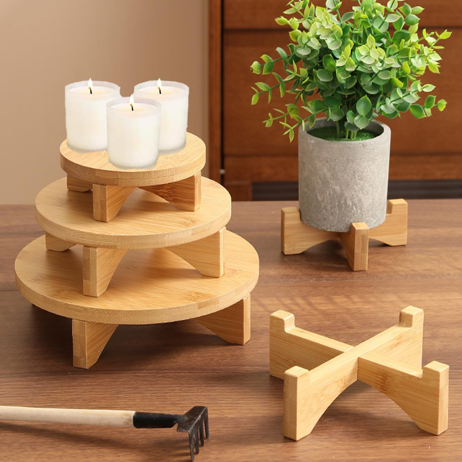 3er Set Blumenhocker Holz, Abnehmbar Klein Holzschemel, Kleiner Deko Hocker, Ausstellungsständer für Holzhocker, Mini Holz Blumenteller,runder Pflanzenständer für drinnen und draußen, Terrasse, Garten