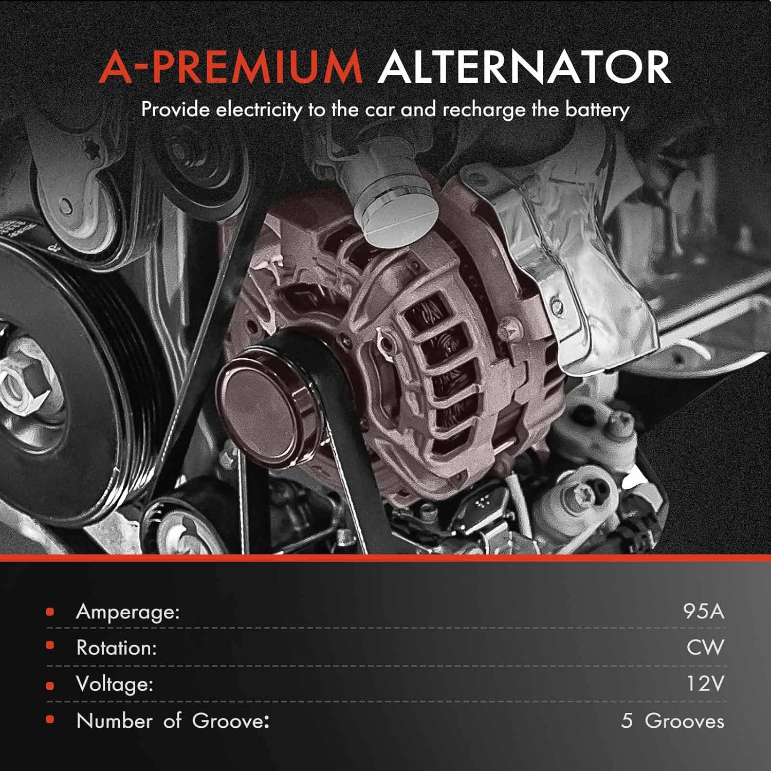 A-Premium Alternator Compatible with Chevrolet Aveo 2009-2012, Aveo5 2009-2011 & Pontiac G3 2009-2010, G3 Wave 2009, L4 1.6L, 12V 95Amp Clockwise 5-Groove Pulley, Replace# 96991181, 19205162