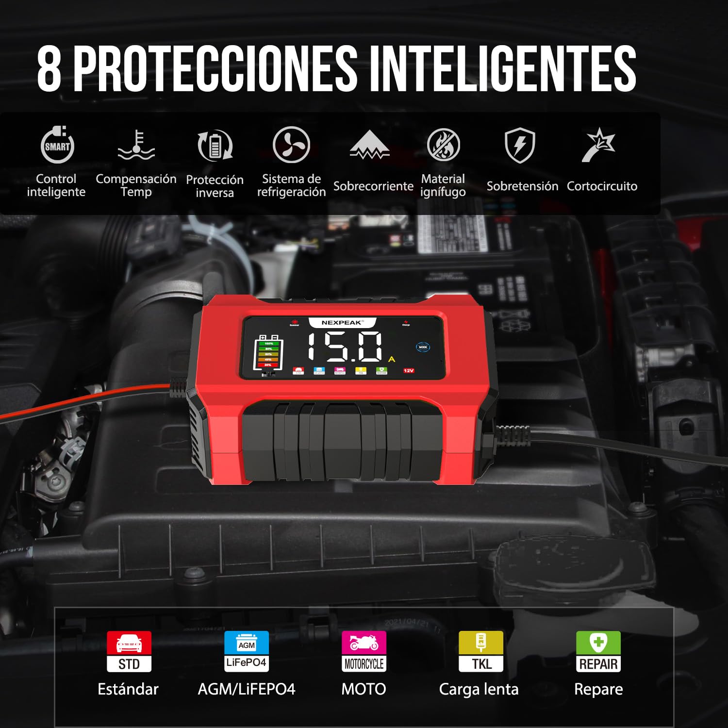 NEXPEAK NC215 Cargador de Batería 15A para Coche, 12V 24V LiFePO4 Portátil 9-Etapas Inteligente - Camión, Moto, Cortacésped, Barco, Marina