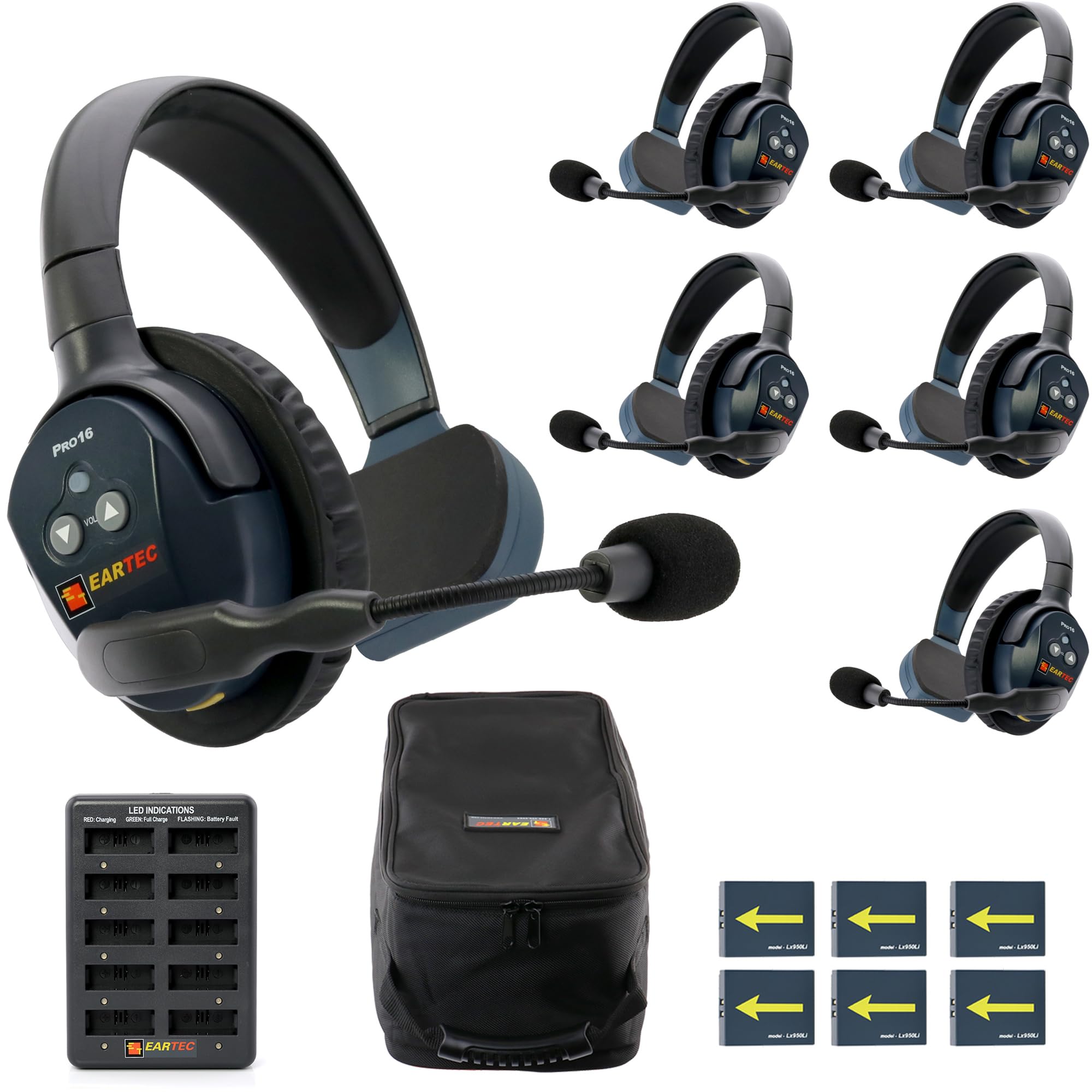EARTEC Ultralite PRO16 ETP6S Full-Duplex Long Range Wireless Intercom System - 6 Single Ear Headsets, Up to 1/2 Mile Range, 2.4 GHz, U.S. Company