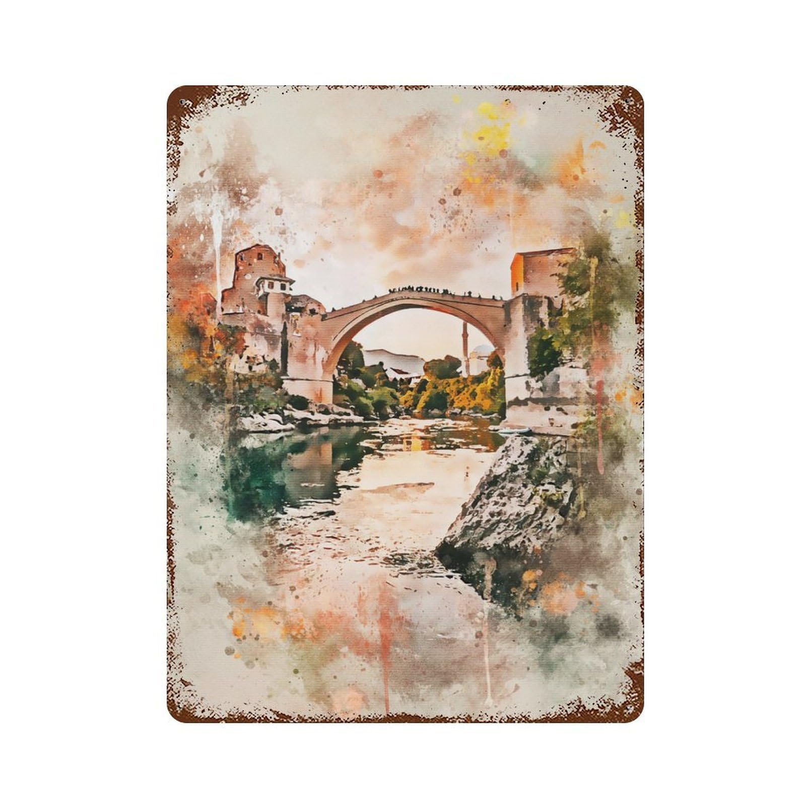 Stari Most in Watercolor Vintage Rust Metal Sign 15.7"x11.8", Farmhouse Wall Decor for Garage, Pub Or Kitchen