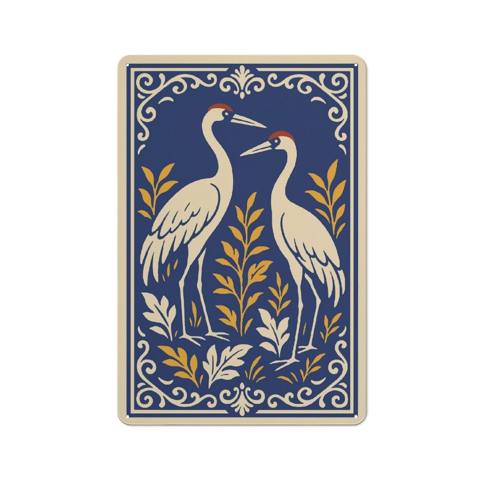 Junmoney Style-6 Elegant Cranes With Floral Border Retro Tin Wall Plaque 30X20cm For Guest Room Or Hallway, For Vintage Wall Decor Fans, For Themed Room Decoration
