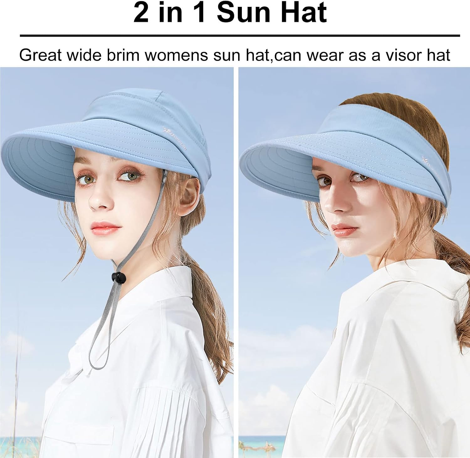Sun Hats for Women, 2 in 1 Zip-Off Wide Brim UPF 50+ Ponytail Visor Hat image 2