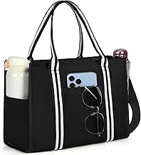 RAINSMORE Women's Canvas Tote Bag, Freestanding, Shoulder Bag, Water Repellent, A4 Storage, Handbag, Men's, Zipper Included, Lightweight, For Work or School Commutes, Black, Gray