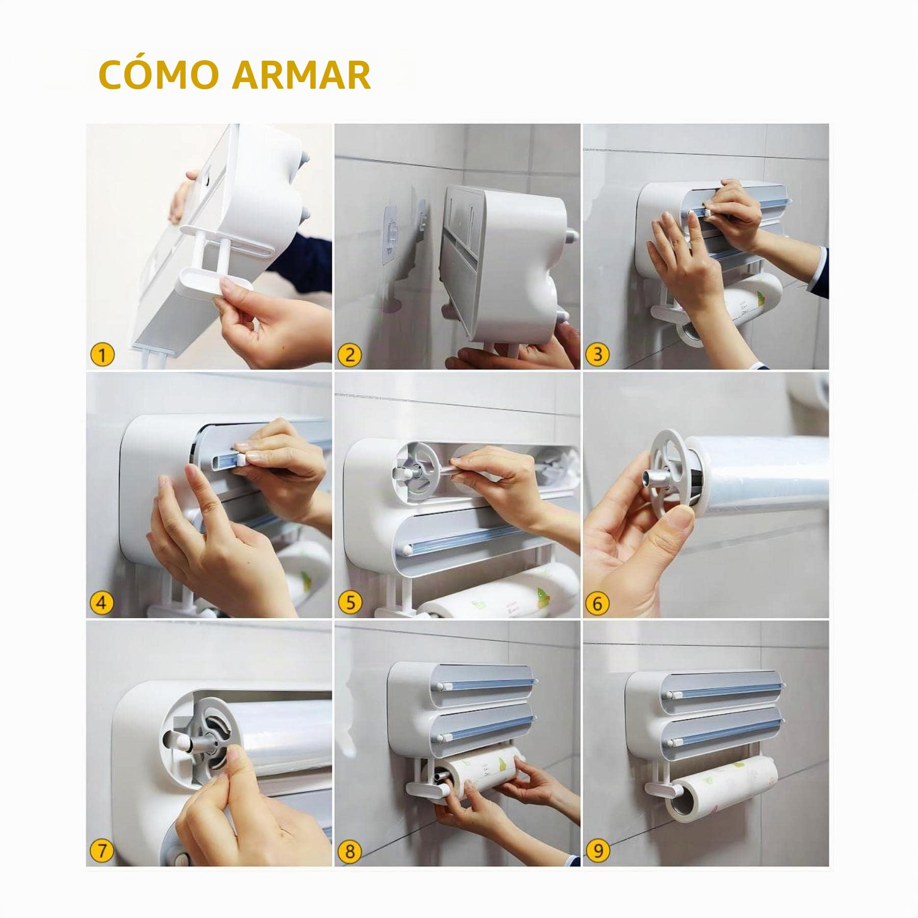 Dispensador Papel Aluminio y Film con Portarrollos Cocina - Organizador Mejorado Magnético de Papel Film Transparente con 50 Metros Film de Plástico, Soporte Papel Cocina 3 en 1, Blanco