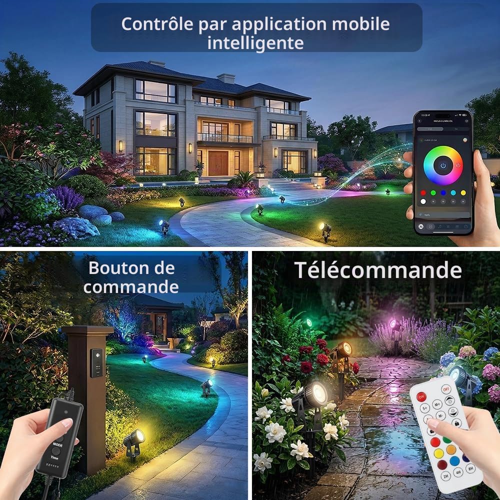 8 éclairage de jardin LED RGBW 24V 24W avec Timer Télécommande APP Dimmable projecteur de jardin blanc chaud avec piquet Spots LED Jardin Extérieur, IP65 étanche Lumière Extérieur Projecteur