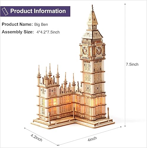 Miniatura 8 de Rolife Kit de modelo de rompecabezas de madera 3D para adultos para construir (aeronave y Big Ben)