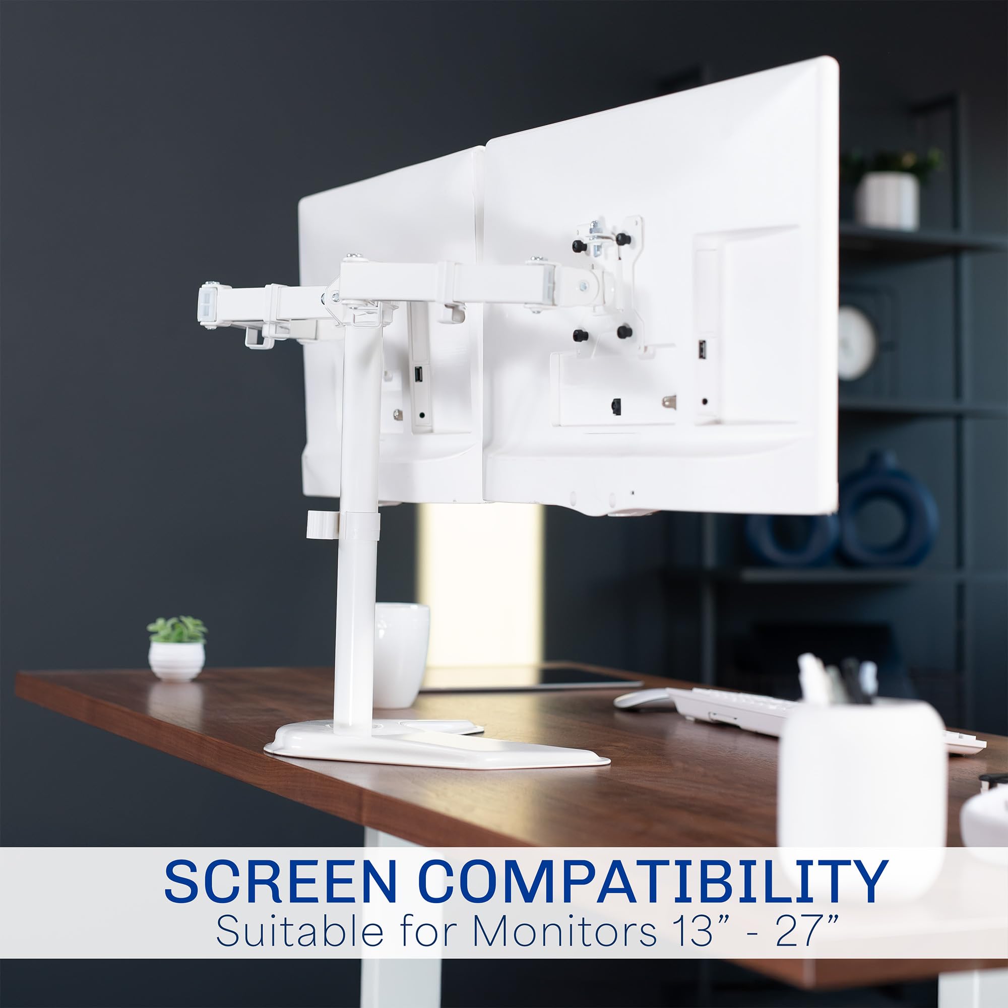 VIVO Supporto per monitor LCD a doppio LED, supporto da scrivania per 2 schermi fino a 27 pollici, braccio completamente regolabile resistente con VESA max 100x100mm, bianco, STAND-V002FW