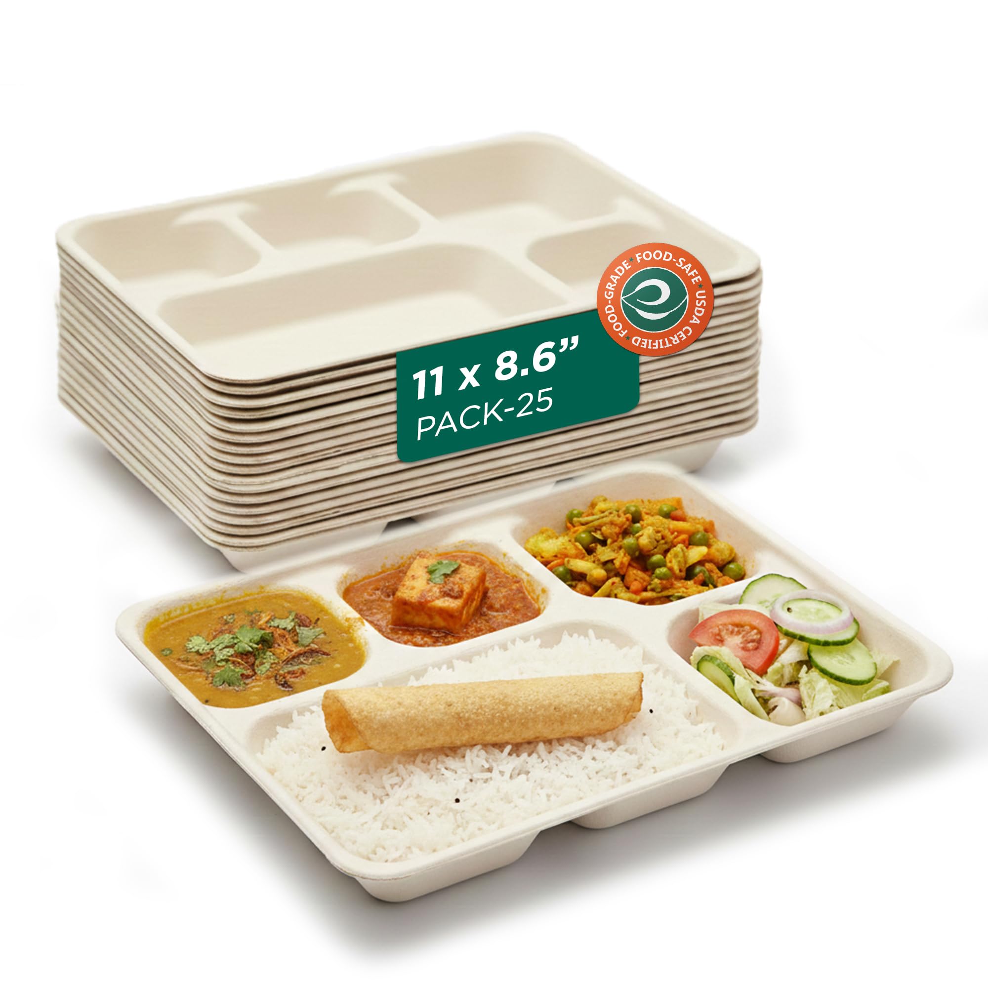 Eco Soul | 5 Compartment Bagasse Meal Tray | 11 Inch - Pack of 25 | Disposable Plates Big Size | Eco-Friendly, Sturdy & Heat-Safe | Ideal for Cafeterias & Meal Services | Plastic-Free