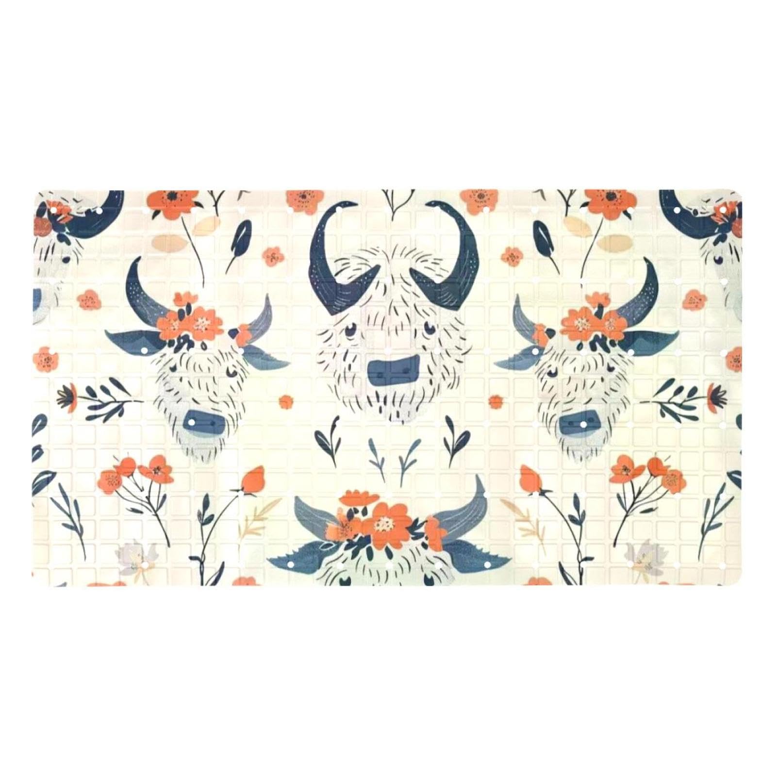 Tapis de bain de qualité supérieure - Antidérapant, facile à nettoyer et sans danger pour toute la famille - Motif têtes de yaks florales