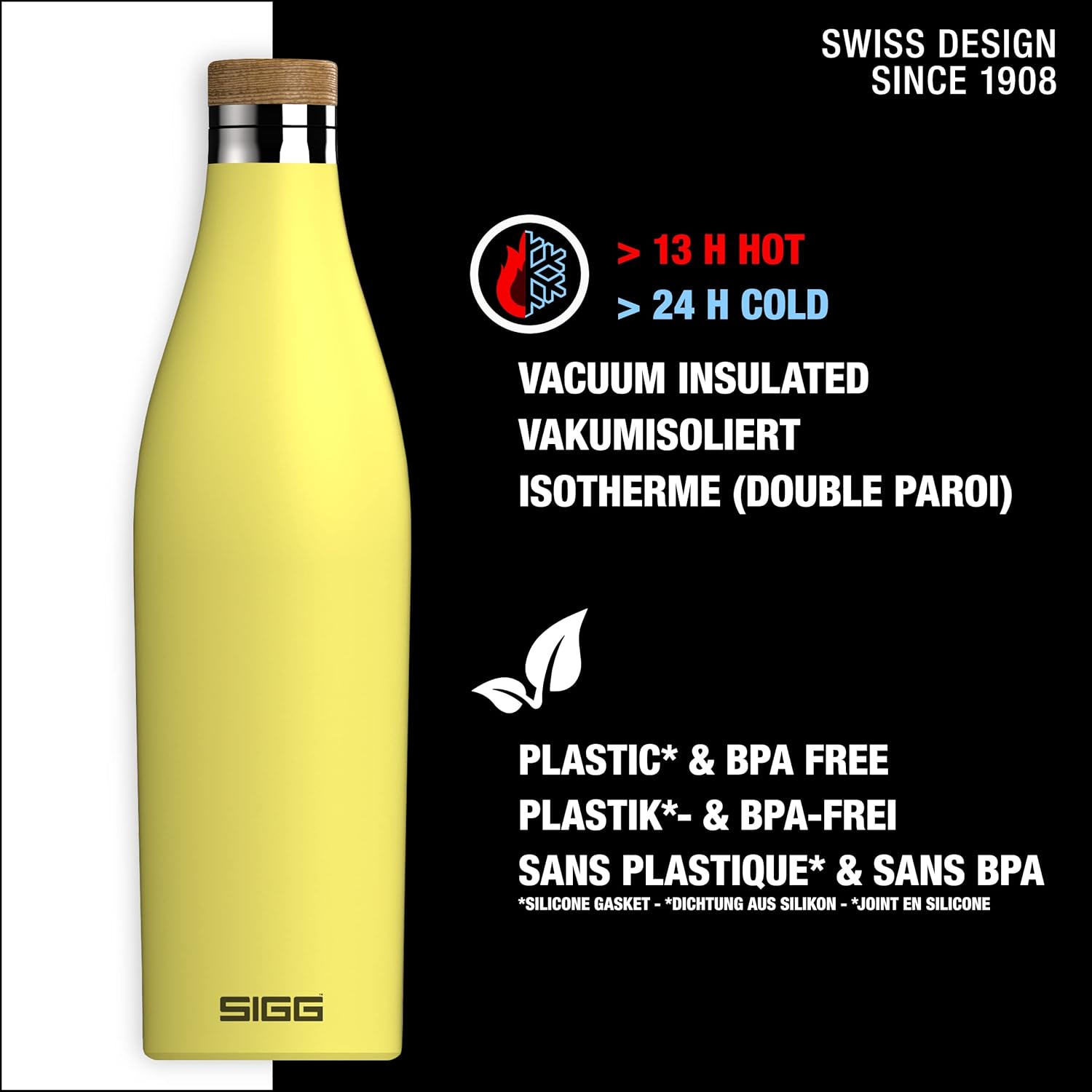 Sigg - Insulated Water Bottle - Meridian Ultra Lemon - Leakproof & Extra-Slim - BPA Free - Plastic Free - 18/8 Stainless Steel - Double Walled - Bamboo Screw Top - Yellow - 17 Oz - Image 2