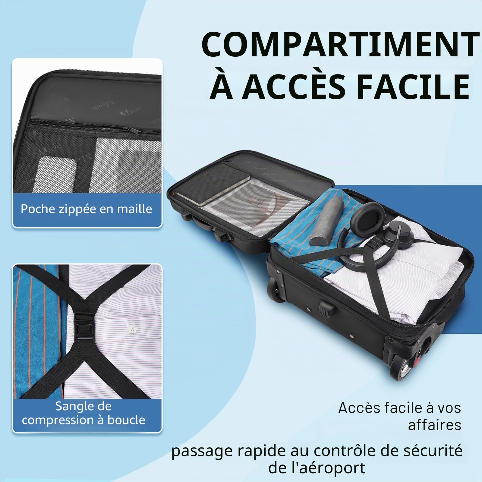 MATEIN Sacoche à Roulettes pour Ordinateur Portable 17,3 Pouces, Trolley Ordinateur Professionnel avec Grand Roues, Sac Roulettes 3 Cubes Rangement Étanche pour Homme Enseignants Voyage Affaires, Noir