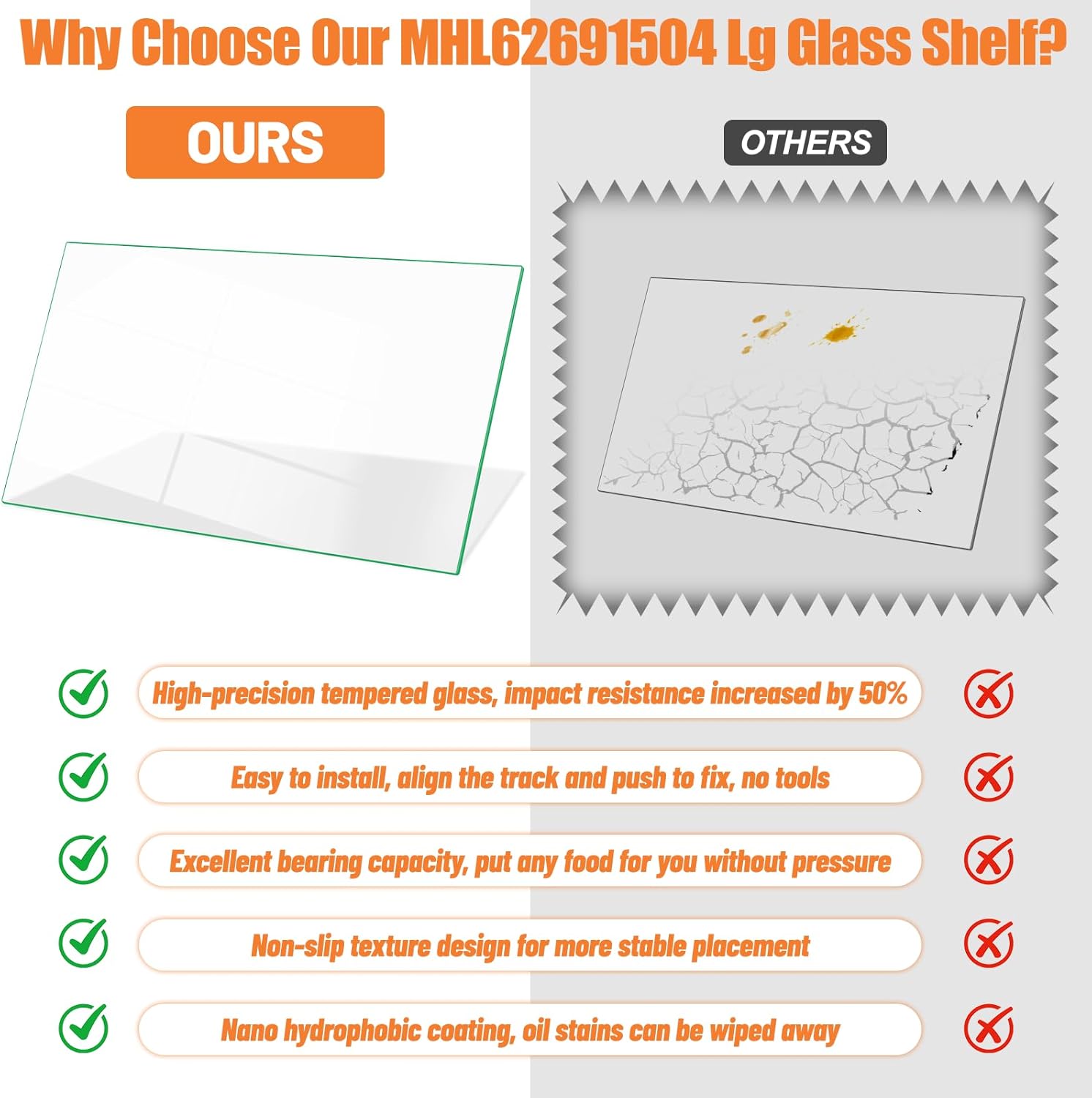 Upgraded MHL62691504 Refrigerator Glass Shelf Compatible with Kenmore LG Refrigerator Shelf Tempered Glass 31"x16" MHL42613212 Crisper Drawer Cover LG Fridge Shelves Replacement LMXS27626S LFX28978ST