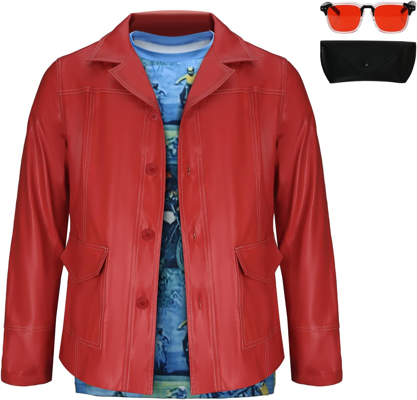 Tyler Durden Red Leather Jacket Men Halloween Cosplay Costume Outfit Motorcycle Racer Jacket with Shirt Sunglasses