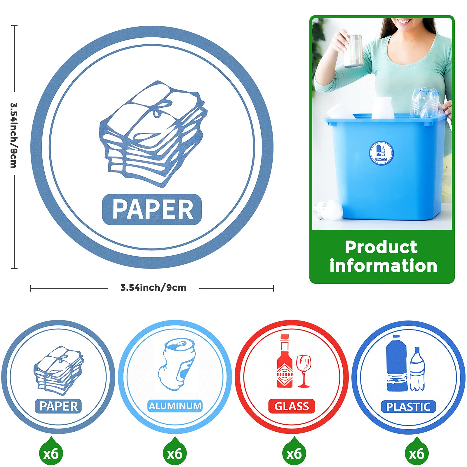 Recycling and Trash Can Sorting Sticker 3.5 x 3.5 inch Adhesive Recycle Garbage Decal Waterproof Re Adjustable Recycle Sticker Waste Sorting Recycling Sticker Sign for Trash Can (24 Pieces)