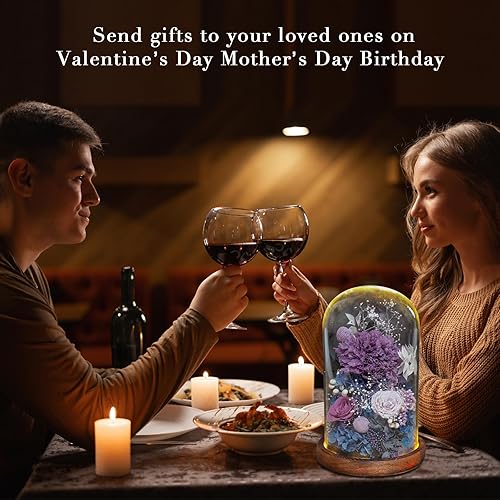 Miniatura 2 de Loveliome Clavel y rosa preservados en cúpula de cristal, flores eternas regalo ramo floral con luz LED para el día de la madre, cumpleaños, día de