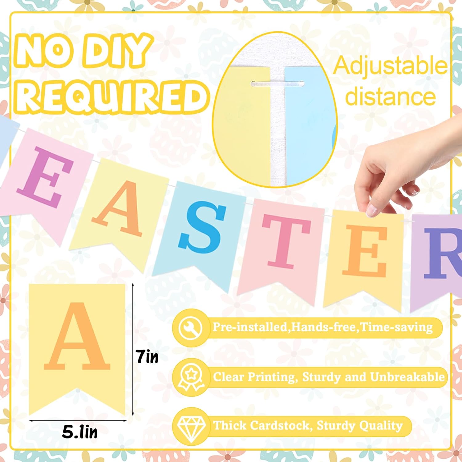 6PCS Pre-strung Happy Easter Banner, Happy Easter Garland Decorations Include Happy Easter Banner Cute Bunny Eggs Sign Circle Garlands for Home Spring Farmhouse Office Mantle Wall Decor