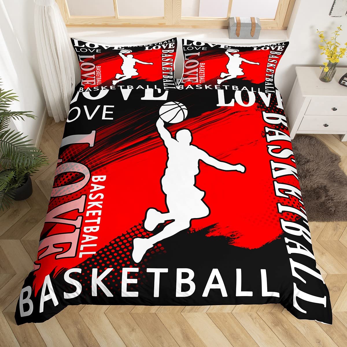 Basketball Bedding Set for Girls Boys Children Gaming Sports Comforter Cover Ball Games Duvet Cover Room Decor Gift for Basketball Lover Red Black Bedspread Cover King Size Bedding Collection 3Pcs