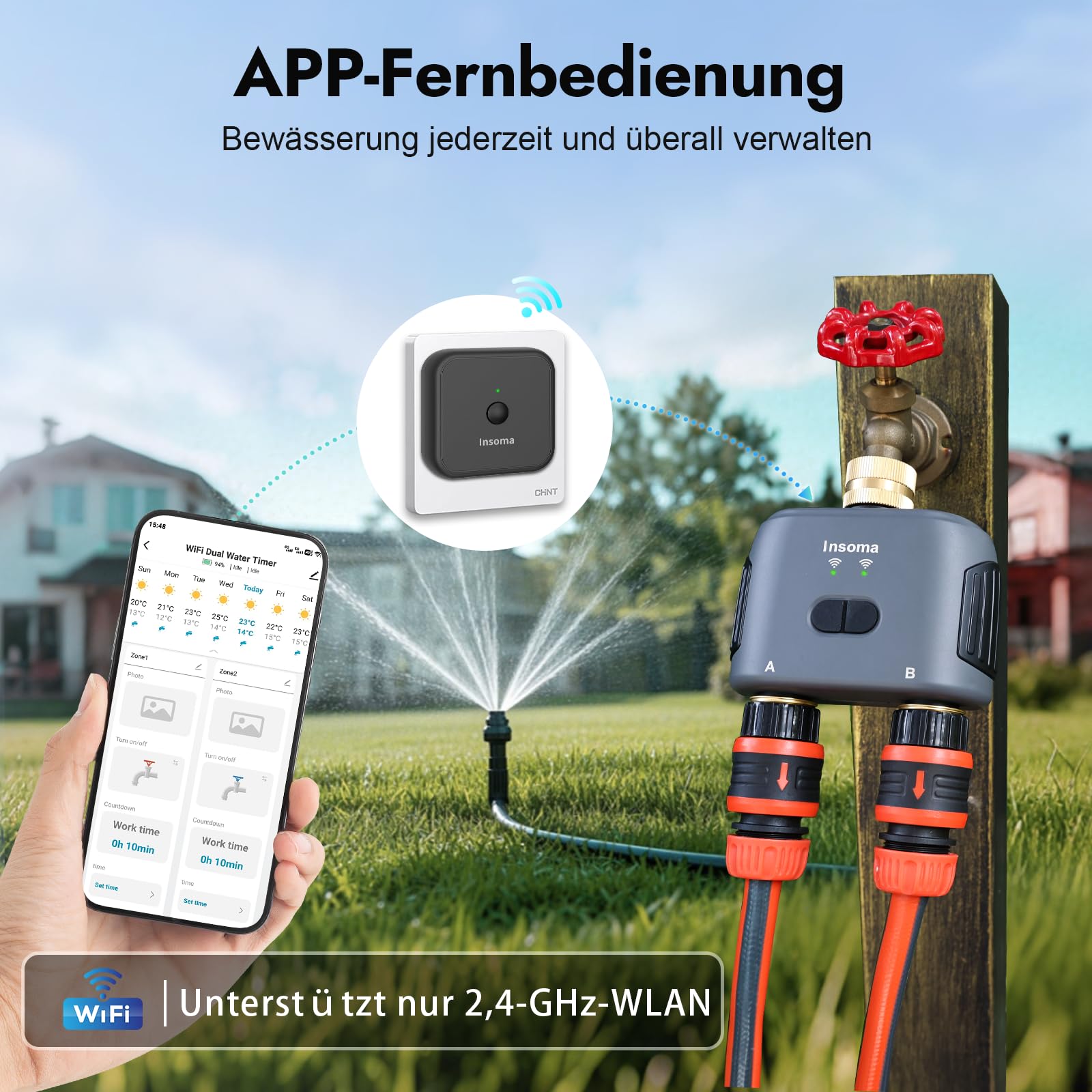 2-Zonen-Wasser-Timer mit Messing-Ein- und Auslass, Sprinkler-Timer für Gartenschlauch, APP-Fernbedienung, WiFi-Schlauch-Timer mit Gateway, Sprachsteuerung mit Alexa, Regenverzögerung und manueller Mod