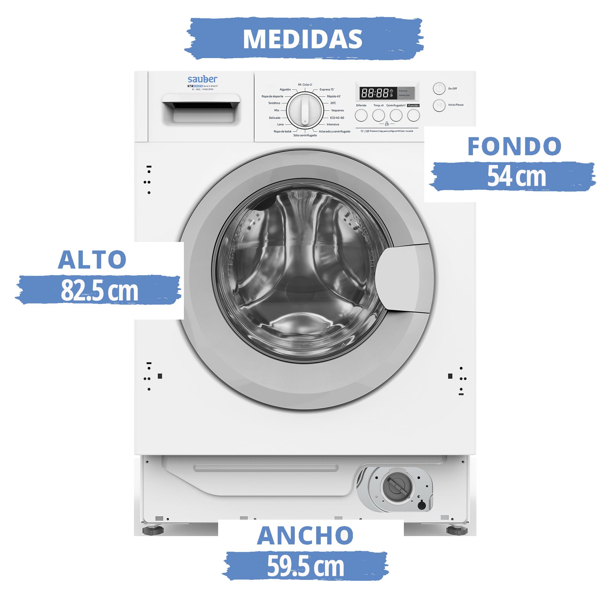 Sauber - Lavadora integrable Serie 5-8140IT - B - 1400 RPM - MOTOR INVERTER - Display LED - Lavado Rápido 15 Minutos - Tambor Diamante - INSTALACIÓN INCLUIDA EN SU DOMICILIO Y RETIRADA DE LA USADA