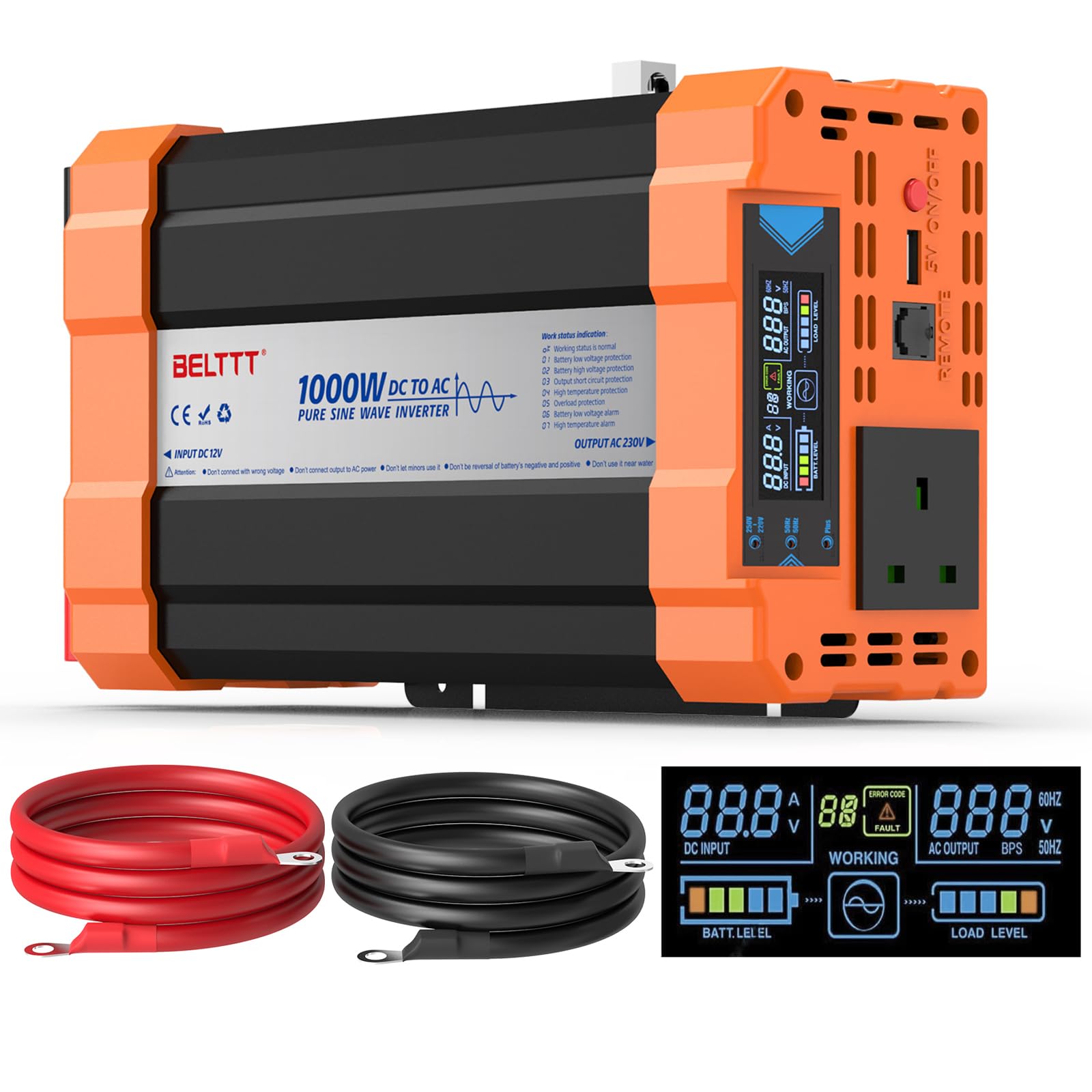 Rewing 1500W Power Inverter 12V to 230V AC Pure Sine Wave Inverter,Car Inverter DC 12v to AC 230V UK with AC Sockets Dual Car Adapter With LED Display Suitable for Travel, RV, Camping — view 10