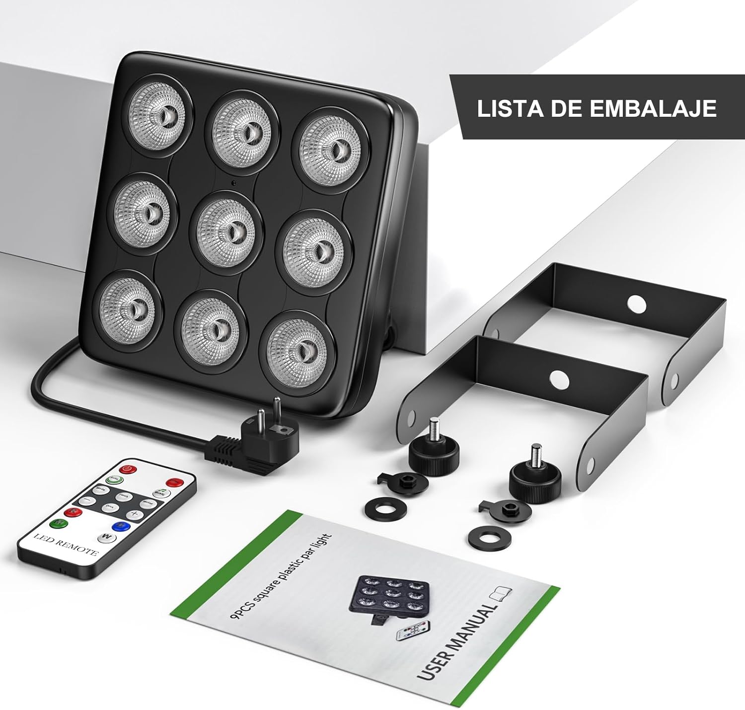 Contents of the Rtktoup 45W RGBW Par LED Stage Light package including the light, remote, power cable, brackets, and user manual