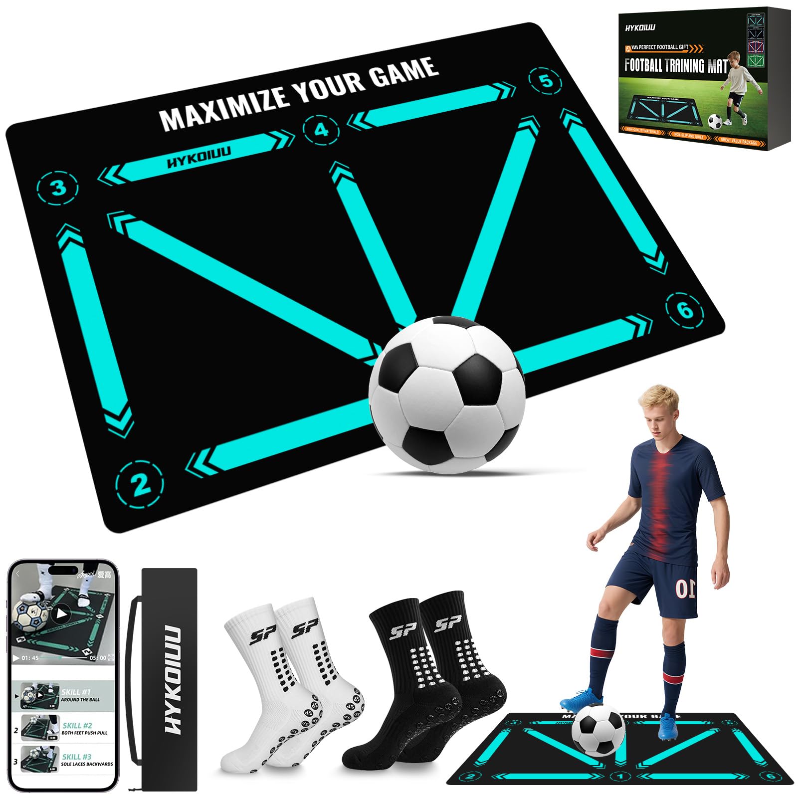 Football Training Mat With Training Video Anti-Slip Sports Socks Football Skills Mat Mastery Footstep Agility Pad To Boost Speed Strength & Coordination Football Training Equipment Mastery Mats
